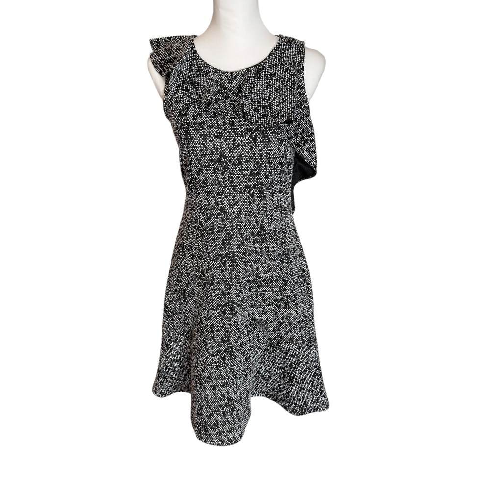 Michael Kors Black White Jacquard Ruffle Neck Sleeveless A-Line‎ Dress Size S